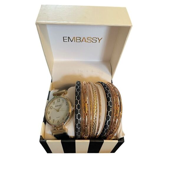 Embassy Watch And Bangle Bracelets Set Jewelry Fashion Black Gold Bangles Watch - Picture 1 of 1